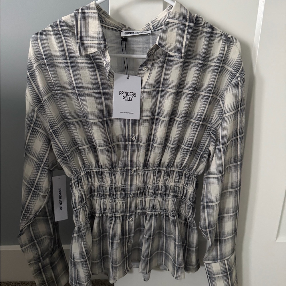Princess Polly As You Are Shirred Button Up Top Black Check